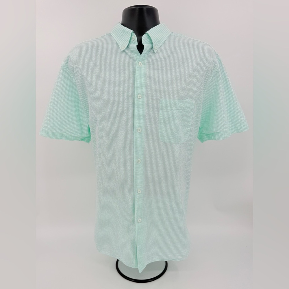 Roundtree & Yorke Aqua White Checked Seersucker Plaid Short Sleeve Shirt Mens XL